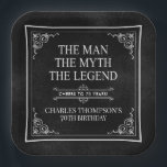 The Man The Myth The Legend 70th Birthday Black  Paper Plate<br><div class="desc">He IS The Man The Myth The LEGEND! His life has been an amazing adventure and it's time to celebrate his legacy and him. This textured black paper with white type and white scrolled corners 70th Birthday 9" square paper plates are perfect for honouring and celebrating this incredible milestone birthday!...</div>