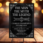 The Man The Myth The Legend 70th Birthday Photo Invitation<br><div class="desc">He IS The Man The Myth The LEGEND! His life has been an amazing adventure and it's time to celebrate his legacy and him. This textured black paper with white type and white scrolled corner 70th Birthday invitation with the guest of honour's photo on the back is perfect for inviting...</div>