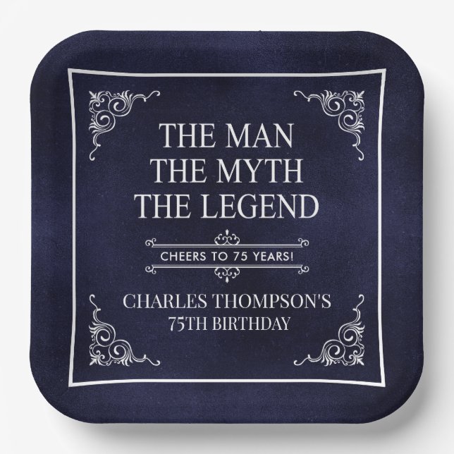 The Man The Myth The Legend 75th Birthday Blue Paper Plate (Front)