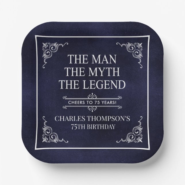 The Man The Myth The Legend 75th Birthday Blue Paper Plate (Front)