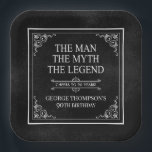 The Man The Myth The Legend 90th Birthday Black  Paper Plate<br><div class="desc">He IS The Man The Myth The LEGEND! His life has been an amazing adventure and it's time to celebrate his legacy and him. This textured black paper with white type and white scrolled corners 90th Birthday 9" square paper plates are perfect for honouring and celebrating this incredible milestone birthday!...</div>