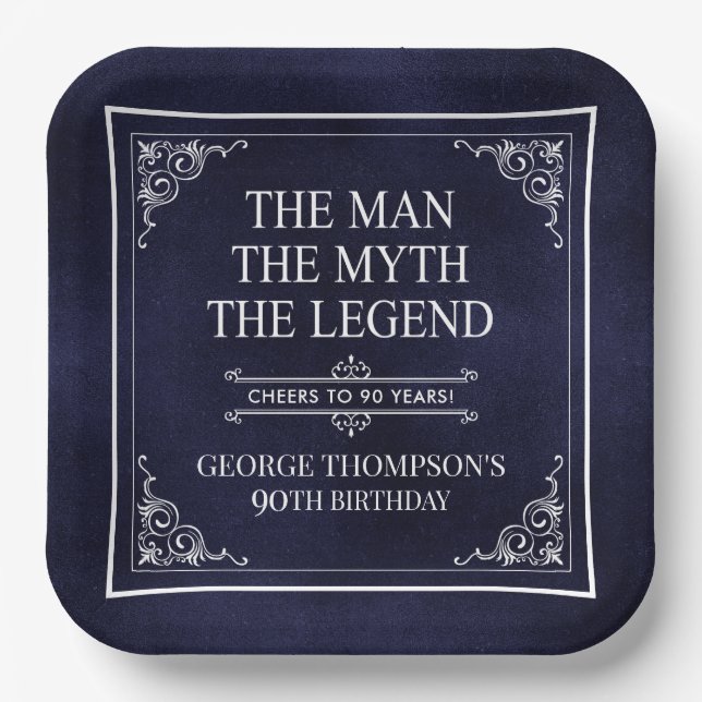 The Man The Myth The Legend 90th Birthday Blue Paper Plate (Front)
