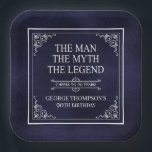 The Man The Myth The Legend 90th Birthday Blue Paper Plate<br><div class="desc">He IS The Man The Myth The LEGEND! His life has been an amazing adventure and it's time to celebrate his legacy and him. This textured navy blue paper with white type and white scrolled corners 90th Birthday 9" square paper plates are perfect for honouring and celebrating this incredible milestone...</div>
