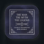 The Man The Myth The Legend 90th Birthday Blue Paper Plate<br><div class="desc">He IS The Man The Myth The LEGEND! His life has been an amazing adventure and it's time to celebrate his legacy and him. This textured navy blue paper with white type and white scrolled corners 90th Birthday 7" square paper plates are perfect for honouring and celebrating this incredible milestone...</div>