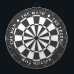 "The man, the myth, the legend" | Dark Grey Dartboard<br><div class="desc">Great gift for guys. 2-colour dartboard (customisable colours) with the curved text on top: "THE MYTH" "THE MAN" "THE LEGEND" separated by diamond symbols. Curved text on the bottom for the name of the recipient.
If you need help with this design, please email me at help@customandcrafted.com</div>