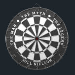 "The man, the myth, the legend" | Dark Grey Dartboard<br><div class="desc">Great gift for guys. 2-colour dartboard (customisable colours) with the curved text on top: "THE MYTH" "THE MAN" "THE LEGEND" separated by diamond symbols. Curved text on the bottom for the name of the recipient.
If you need help with this design,  please email me at help@customandcrafted.com</div>
