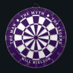 "The man, the myth, the legend" | Dark Purple Dartboard<br><div class="desc">Great gift for guys. 2-colour dartboard (customisable colours) with the curved text on top: "THE MYTH" "THE MAN" "THE LEGEND" separated by diamond symbols. Curved text on the bottom for the name of the recipient.
If you need help with this design,  please email me at help@customandcrafted.com</div>