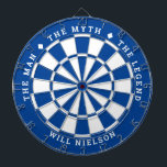 "The man, the myth, the legend" | Deep Blue Dartboard<br><div class="desc">Great gift for guys. 2-colour dartboard (customisable colours) with the curved text on top: "THE MYTH" "THE MAN" "THE LEGEND" separated by diamond symbols. Curved text on the bottom for the name of the recipient.
If you need help with this design,  please email me at help@customandcrafted.com</div>