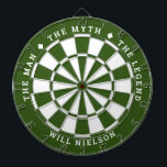 "The man, the myth, the legend" | Forest Green Dartboard<br><div class="desc">Great gift for guys. 2-colour dartboard (customisable colours) with the curved text on top: "THE MYTH" "THE MAN" "THE LEGEND" separated by diamond symbols. Curved text on the bottom for the name of the recipient.
If you need help with this design,  please email me at help@customandcrafted.com</div>