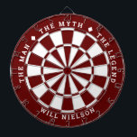 "The man, the myth, the legend" His Name Dark Red Dartboard<br><div class="desc">Great gift for guys. 2-colour dartboard (customisable colours) with the curved text on top: "THE MYTH" "THE MAN" "THE LEGEND" separated by diamond symbols. Curved text on the bottom for the name of the recipient.
If you need help with this design,  please email me at help@customandcrafted.com</div>