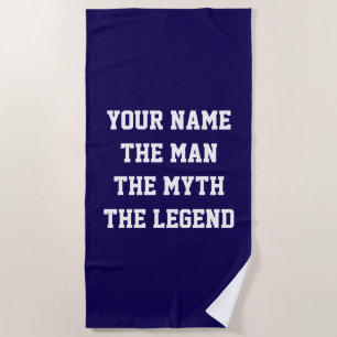 The man the myth the legend personalised navy blue beach towel