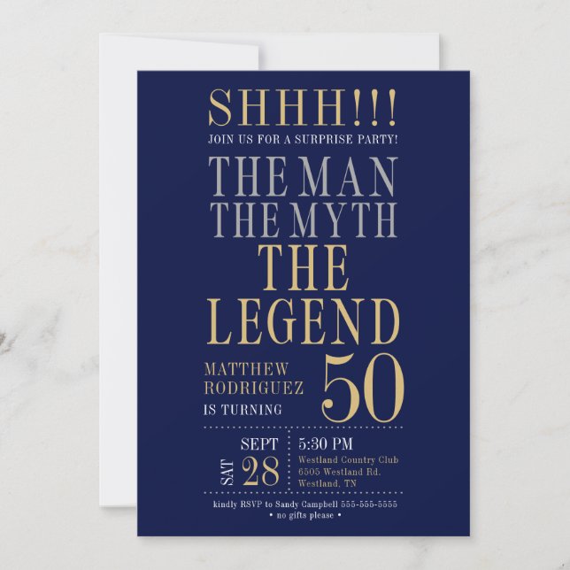 The Man The Myth The Legend Surprise 50th Birthday Invitation (Front)