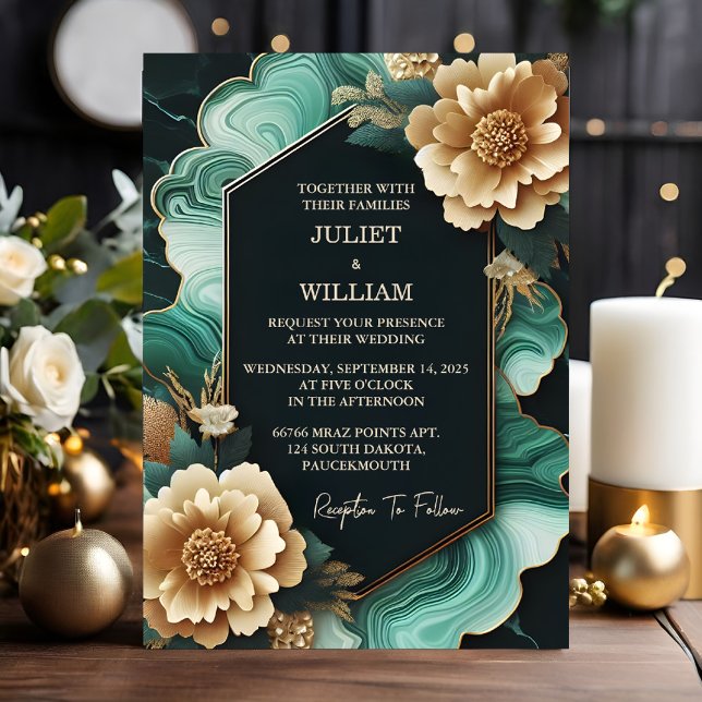 The Marble Monstera Emerald Green And Gold Wedding Invitation (Creator Uploaded)