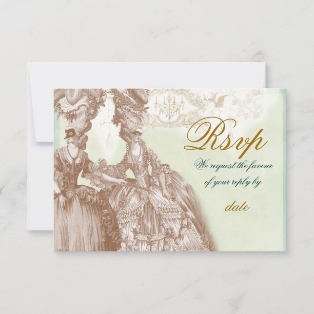 The Masquerade Ball ,RSVP  teal and gold Invitation (Front)