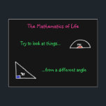 The Mathematics of Life Postcard<br><div class="desc">Practical advice using those weird things you never knew what they were for at school: the set square and the protractor. This drawing is part of the 'School Days' series, a range of cards inspired by my time at school. Other subjects include Physics, Biology and Mathematics. Drawn on a black...</div>