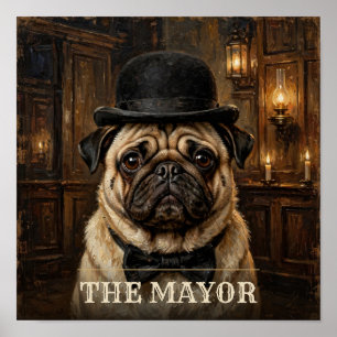 The Mayor Pug Vintage Western Pet Portrait Poster