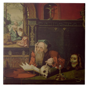 The Meditation of St. Jerome (oil on panel) Tile