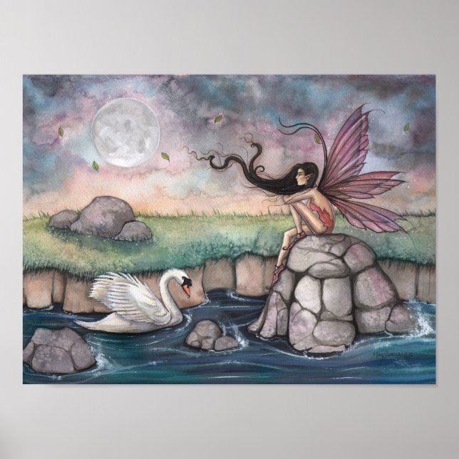 The Meeting Place Fairy and Swan Fantasy Art Print (Front)