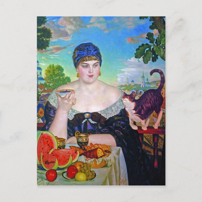 The Merchant's Wife & Cat by Boris Kustodiev Postcard (Front)