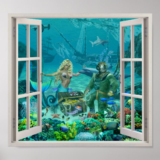 The Mermaid's Coral Reef Treasure Fake Window Poster (Front)