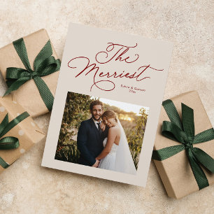 The merriest newlywed maroon Christmas photo Holiday Card