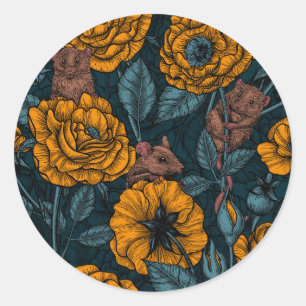 The mice party in orange and blue classic round sticker
