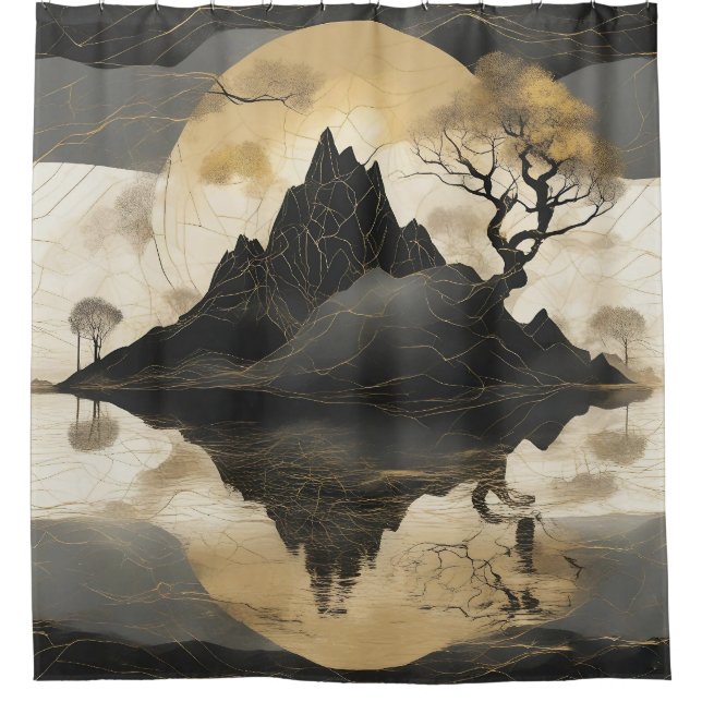 The Misty Mountain Black & Gold Shower Curtain (Front)