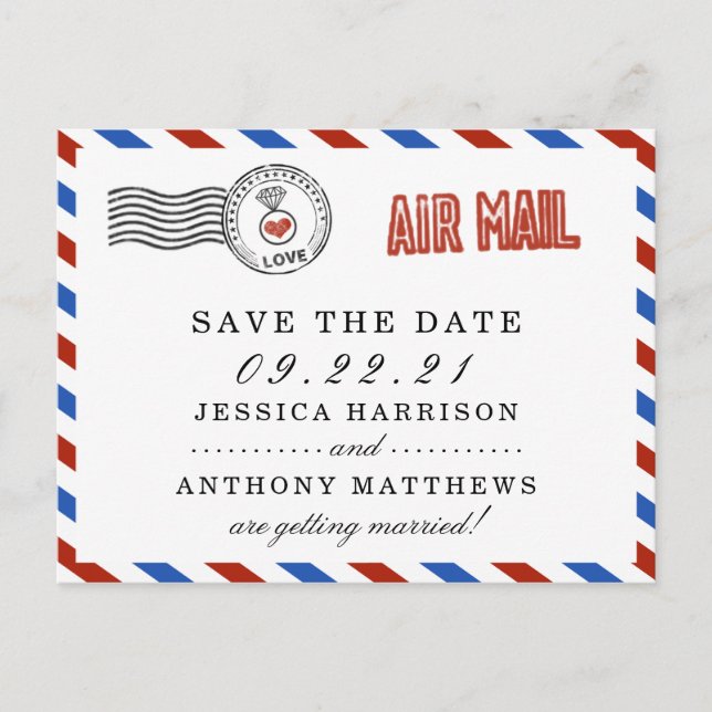 The Modern Airmail Wedding Collection Announcement Postcard (Front)