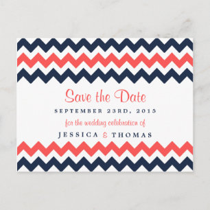 The Modern Chevron Wedding Collection Navy & Coral Announcement Postcard