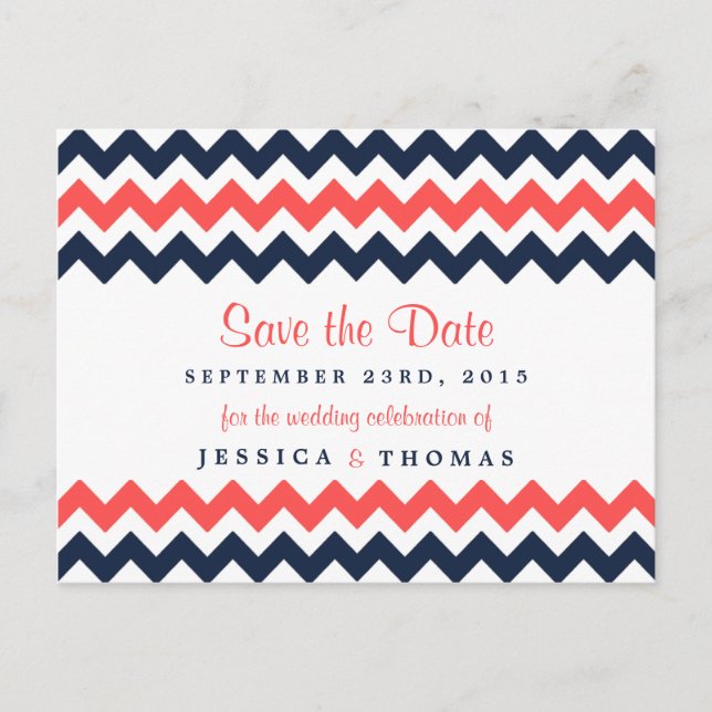 The Modern Chevron Wedding Collection Navy & Coral Announcement Postcard (Front)