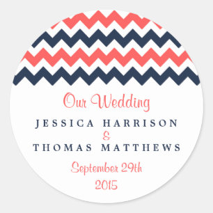 The Modern Chevron Wedding Collection Navy & Coral Classic Round Sticker