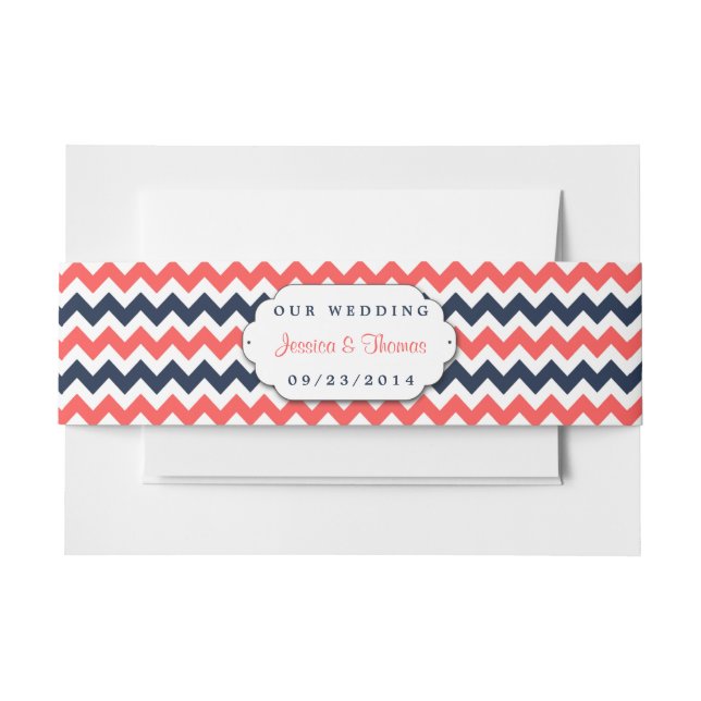 The Modern Chevron Wedding Collection Navy & Coral Invitation Belly Band (Front Example)