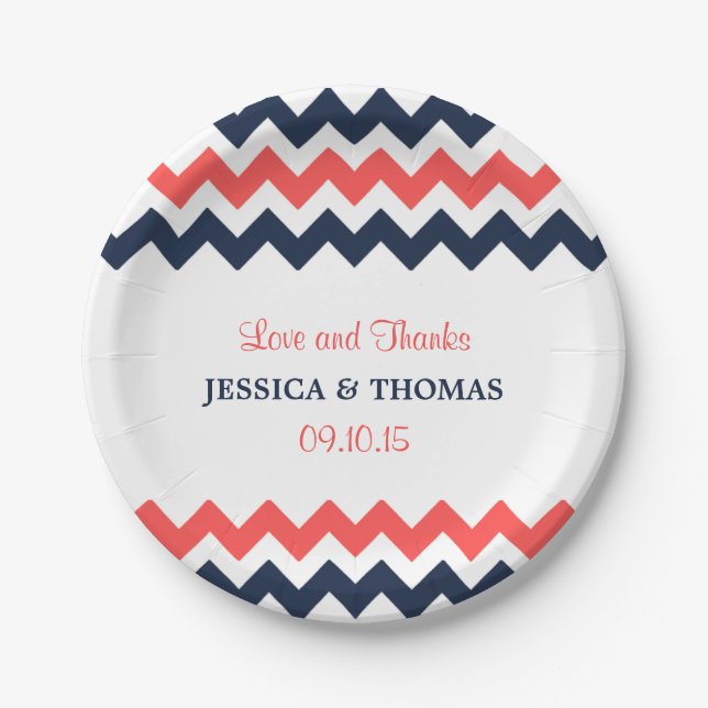 The Modern Chevron Wedding Collection Navy & Coral Paper Plate (Front)