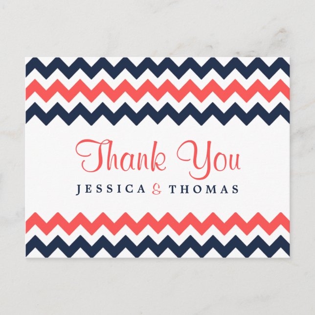 The Modern Chevron Wedding Collection Navy & Coral Postcard (Front)