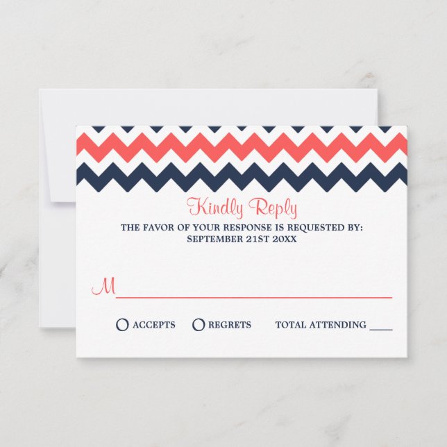 The Modern Chevron Wedding Collection Navy & Coral RSVP Card (Front)