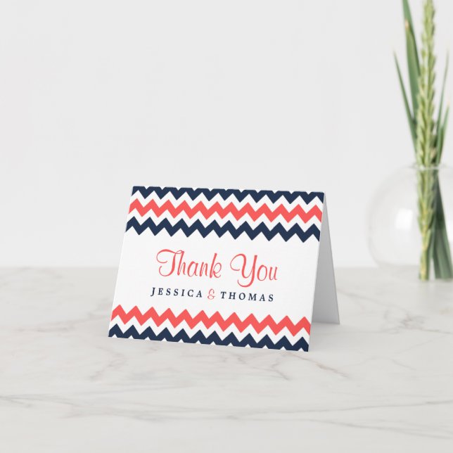 The Modern Chevron Wedding Collection Navy & Coral Thank You Card (Front)