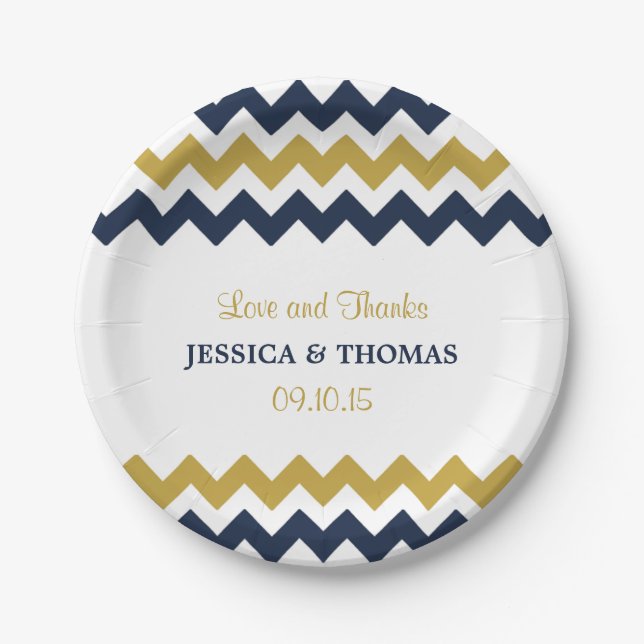 The Modern Chevron Wedding Collection- Navy & Gold Paper Plate (Front)