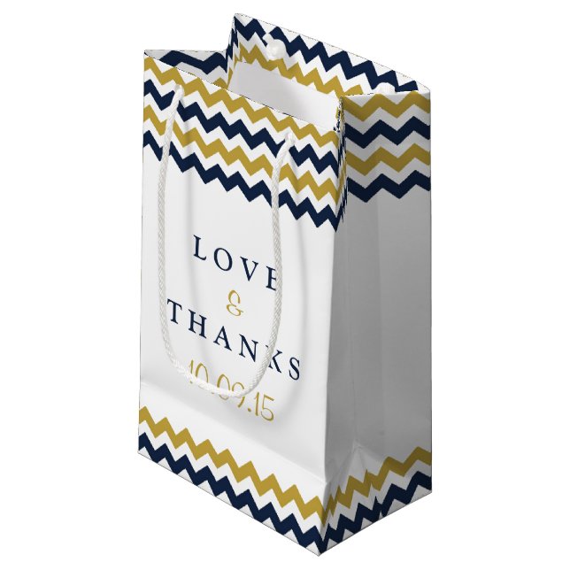 The Modern Chevron Wedding Collection- Navy & Gold Small Gift Bag (Front Angled)