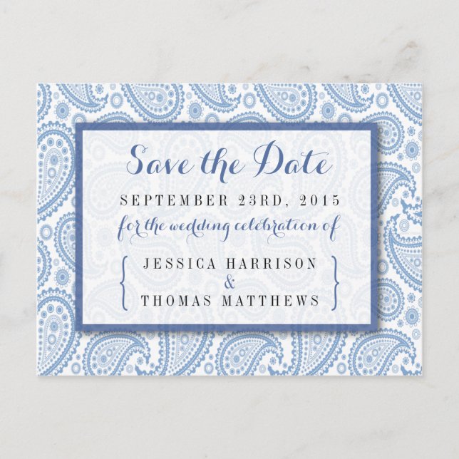 The Modern Paisley Wedding Collection - Blue Announcement Postcard (Front)