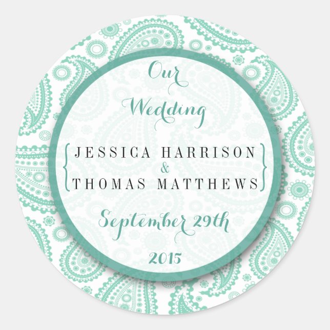 The Modern Paisley Wedding Collection - Green Classic Round Sticker (Front)
