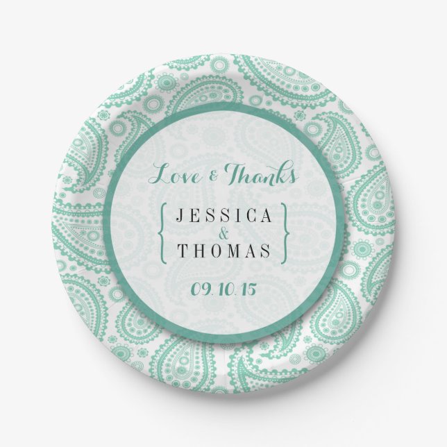 The Modern Paisley Wedding Collection - Green Paper Plate (Front)