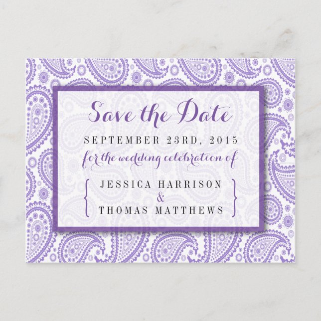 The Modern Paisley Wedding Collection - Purple Announcement Postcard (Front)