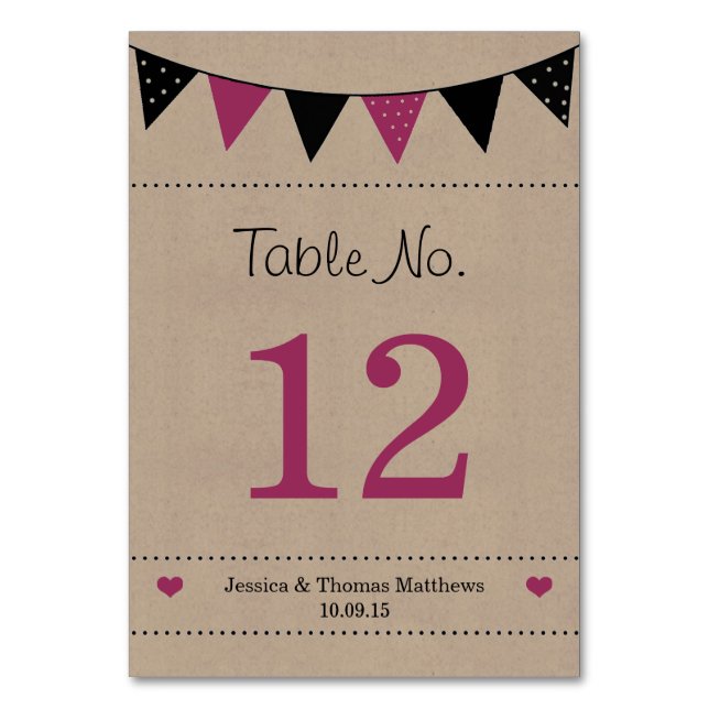 The Modern Pink Bunting Wedding Collection Table Number (Front)