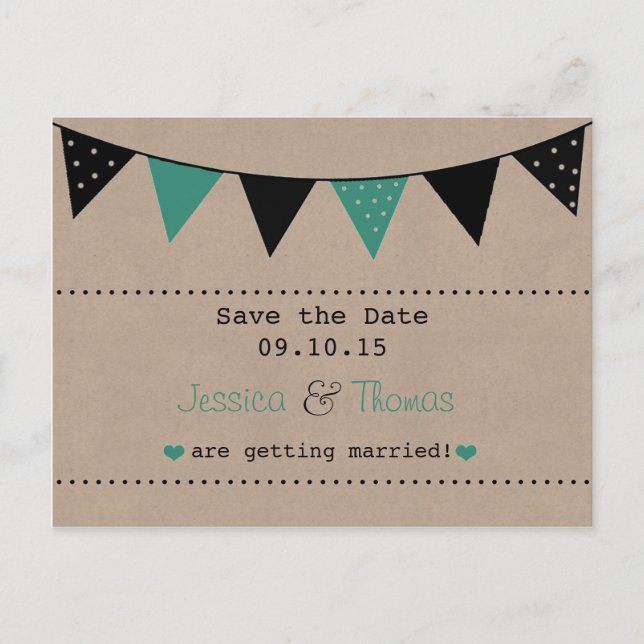 The Modern Turquoise Bunting Wedding Collection Announcement Postcard (Front)