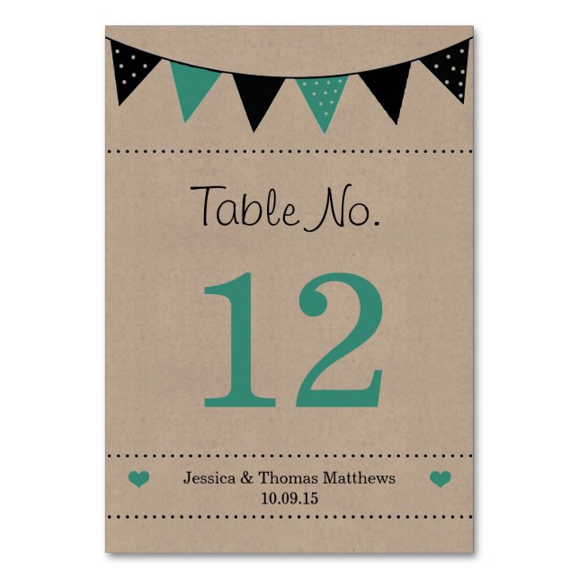 The Modern Turquoise Bunting Wedding Collection Table Number (Front)