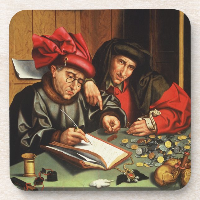 The Money Lenders (oil on oak panel) Coaster (Front)