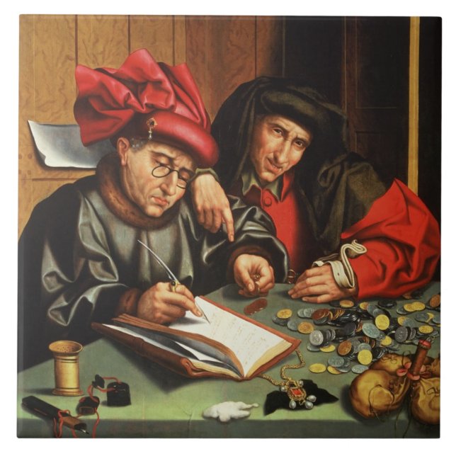 The Money Lenders (oil on oak panel) Tile (Front)