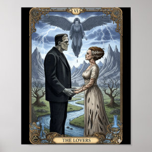 The monster frankenstein and bride lovers tarot poster