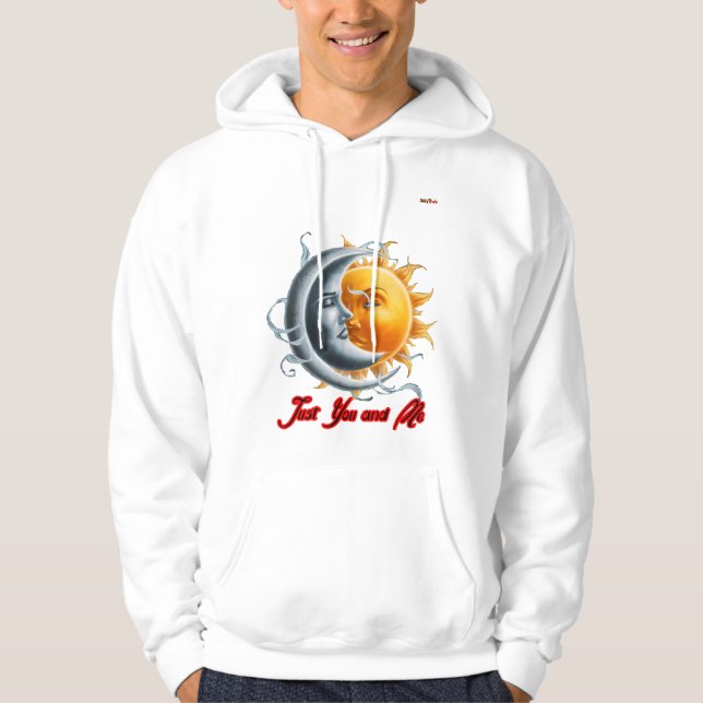The Moon and the Sun dancing together on a White Hoodie (Front)