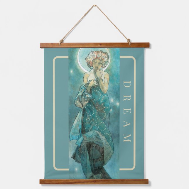 'The Moon’ by Mucha, Dream Green Wall Tapestry (Front)